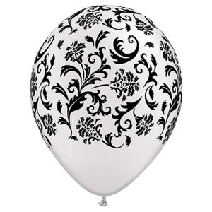 Qualatex 11 inch DAMASK PRINT - PEARL WHITE W/ BLACK INK Latex Balloons 37508-Q-6