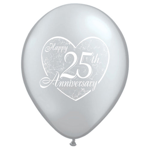 Qualatex 11 inch HAPPY 25TH ANNIVERSARY HEART - SILVER Latex Balloons 37184-Q