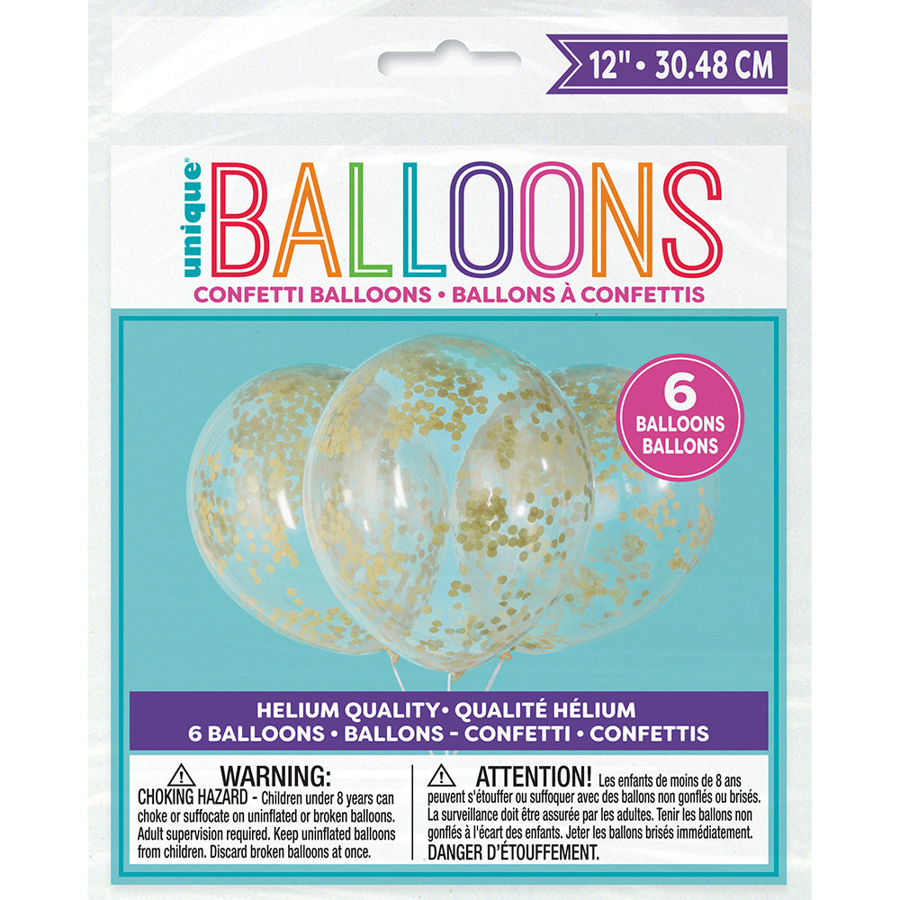 12 inch Unique Clear Balloons With Gold Confetti Balloon (6 PK) Latex  Balloons - 56397