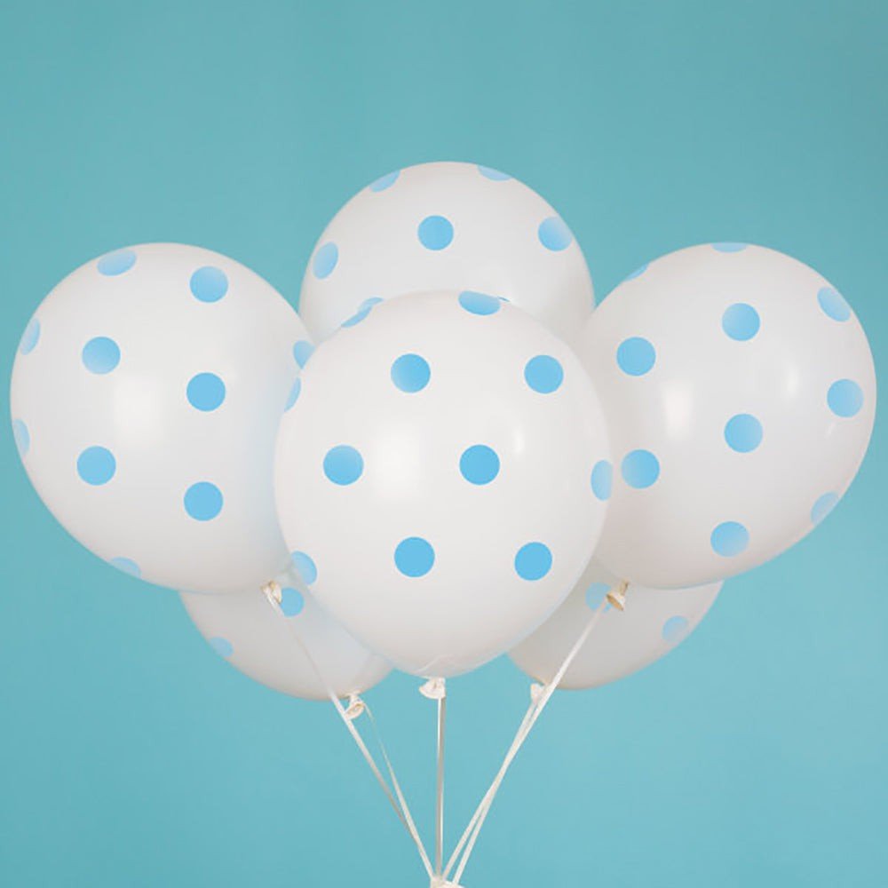 12 inch WHITE WITH BLUE POLKA DOTS BALLOON (6 PK)