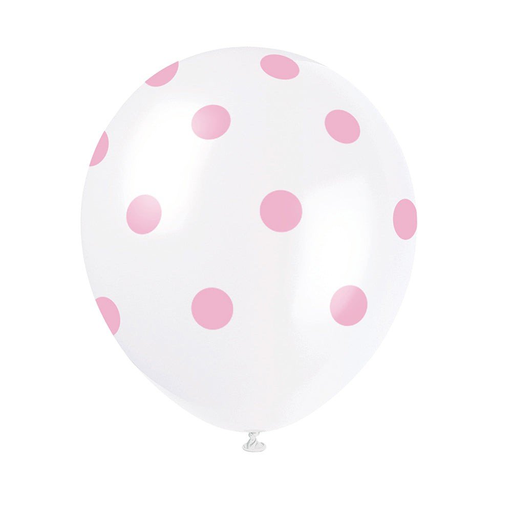 12 inch WHITE WITH PINK POLKA DOTS BALLOON (6 PK)