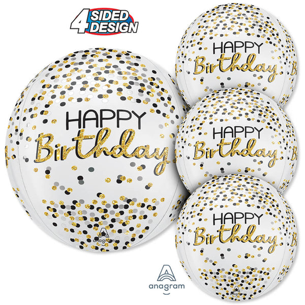 16 inch BLACK SILVER GOLD BIRTHDAY ORBZ - LA Balloons