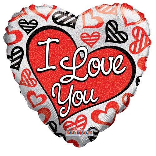 18 inch I LOVE YOU RED & BLACK HEARTS HOLOGRAPHIC HEART