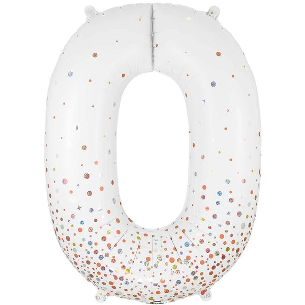 34 inch NUMBER 0 - OAKTREE - SPARKLING FIZZ HOLOGRAPHIC WHITE - LA Balloons