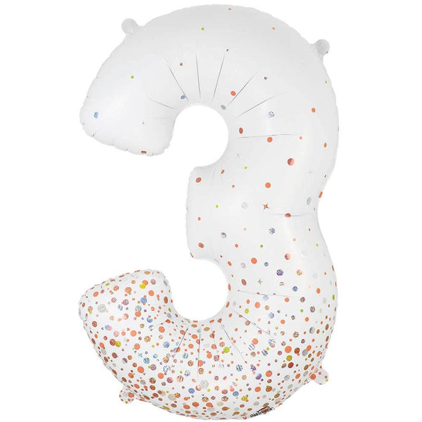 34 inch NUMBER 3 - OAKTREE - SPARKLING FIZZ HOLOGRAPHIC WHITE - LA Balloons
