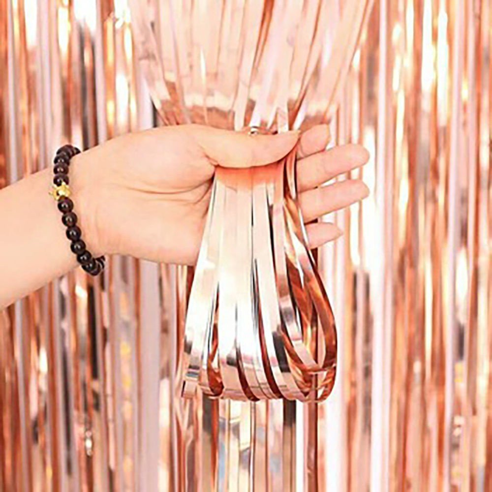 3ft X 6.5ft FOIL FRINGE CURTAIN - METALLIC ROSE GOLD