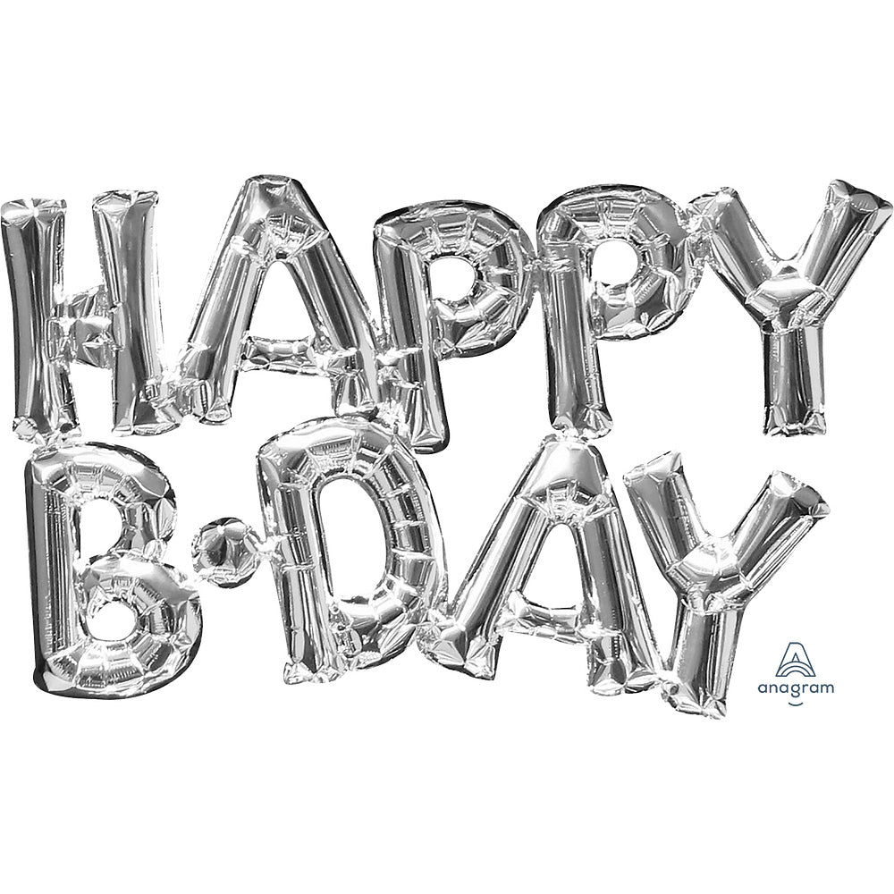 Anagram 30″ BLOCK PHRASE: "HAPPY B-DAY" - SILVER (AIR-FILL ONLY) Foil Balloon 33095-11-A-P