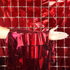 Party Brands 3ft X 6.5ft FOIL SQUARES CURTAIN - METALLIC RED Fringe Curtains 10225-PB