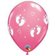 Qualatex 11 inch BABY FOOTPRINTS & HEARTS - ROSE Latex Balloons 43418-Q