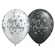 Qualatex 11 inch BIRTHDAY ELEGANT SPARKLES & SWIRLS - BLACK & SILVER Latex Balloons 37497-Q
