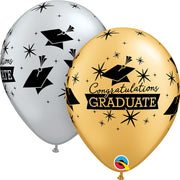 Qualatex 11 inch CONGRATULATIONS GRADUATE CAPS - SILVER & GOLD Latex Balloons