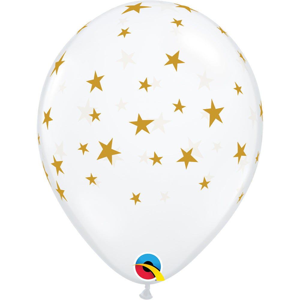 Qualatex 11 inch CONTEMPO STARS GOLD INK - DIAMOND CLEAR Latex Balloons 88283-Q