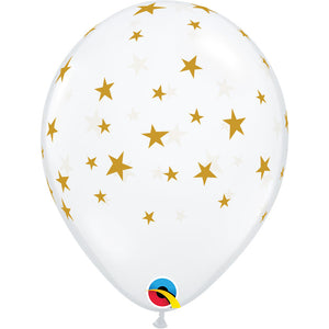 Qualatex 11 inch CONTEMPO STARS GOLD INK - DIAMOND CLEAR Latex Balloons 88283-Q