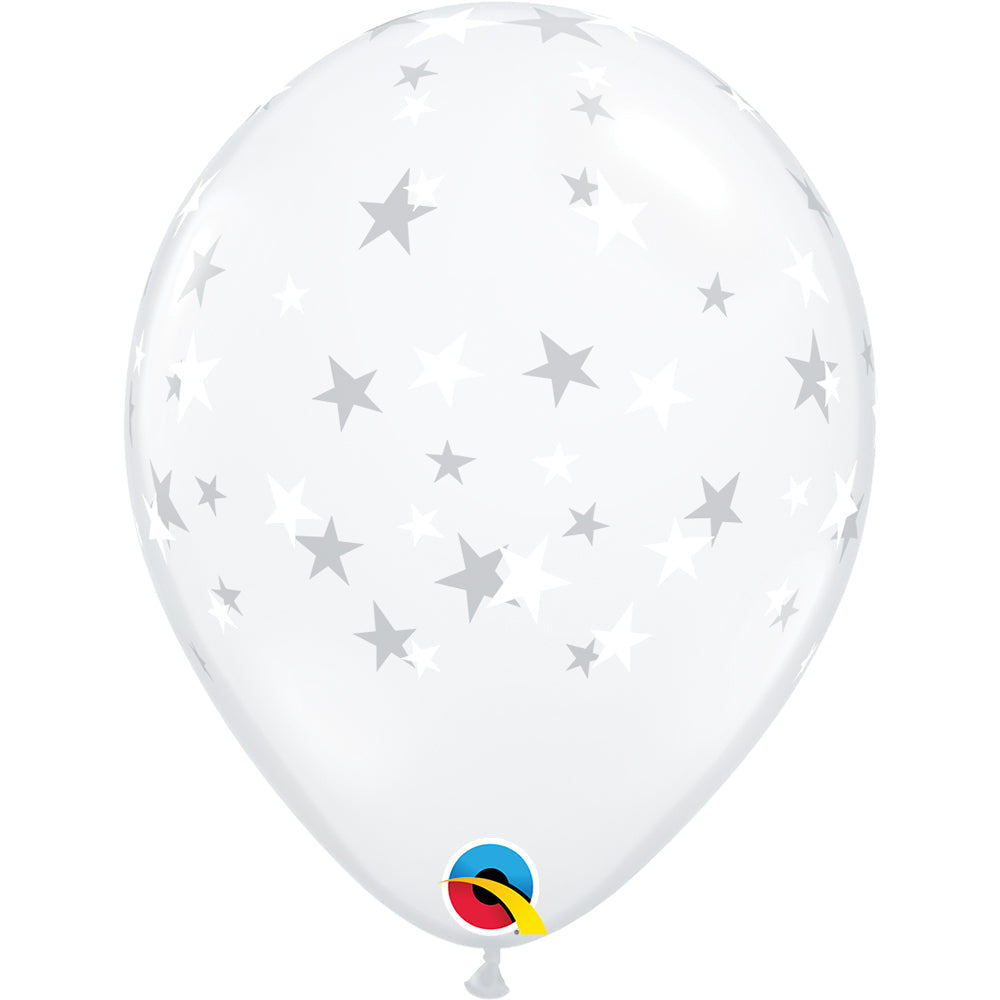 Qualatex 11 inch CONTEMPO STARS WHITE INK - DIAMOND CLEAR Latex Balloons 14846-Q