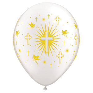 Qualatex 11 inch CROSS & DOVES WRAP - PEARL WHITE W/ GOLD INK Latex Balloons