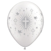 Qualatex 11 inch CROSS & DOVES WRAP - PEARL WHITE W/ SILVER INK Latex Balloons