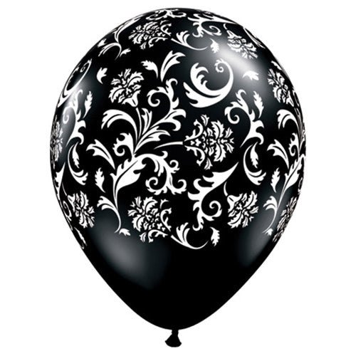 Qualatex 11 inch DAMASK PRINT - ONYX BLACK W/ WHITE INK Latex Balloons 37506-Q-6