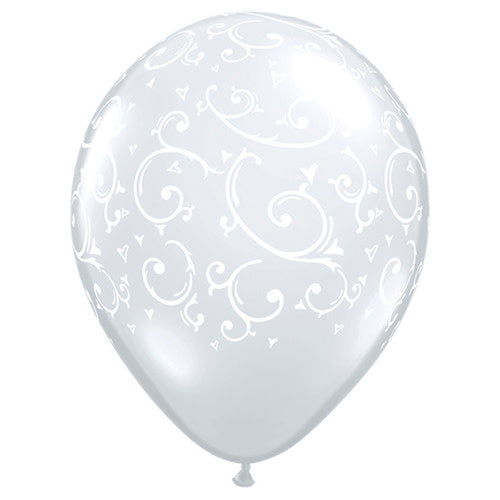 Qualatex 11 inch FILIGREE & HEARTS-A-ROUND - DIAMOND CLEAR Latex Balloons