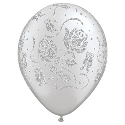 Qualatex 11 inch GLITTER ROSES-A-ROUND - SILVER Latex Balloons