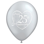 Qualatex 11 inch HAPPY 25TH ANNIVERSARY HEART - SILVER Latex Balloons 37184-Q