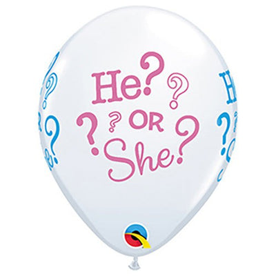 Qualatex 11 inch HE? OR SHE? - WHITE Latex Balloons 43431-Q