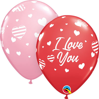 Qualatex 11 inch I LOVE YOU STRIPED HEARTS Latex Balloons 20944-Q