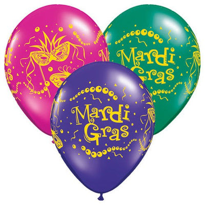 Qualatex 11 inch MARDI GRAS MASKS & BEADS Latex Balloons