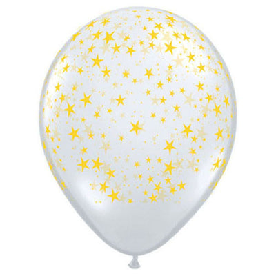 Qualatex 11 inch STARS-A-ROUND - DIAMOND CLEAR W/ GOLD INK (6 PK) Latex Balloons 37086-Q-6
