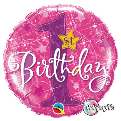 Qualatex 18 inch 1ST BIRTHDAY STARS - PINK Foil Balloon