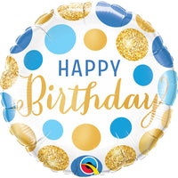 Qualatex 18 inch BIRTHDAY BLUE & GOLD DOTS Foil Balloon 18869-Q-U