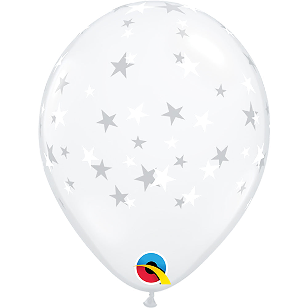 Qualatex 5 inch CONTEMPO STARS WHITE INK - DIAMOND CLEAR Latex Balloons 14848-Q